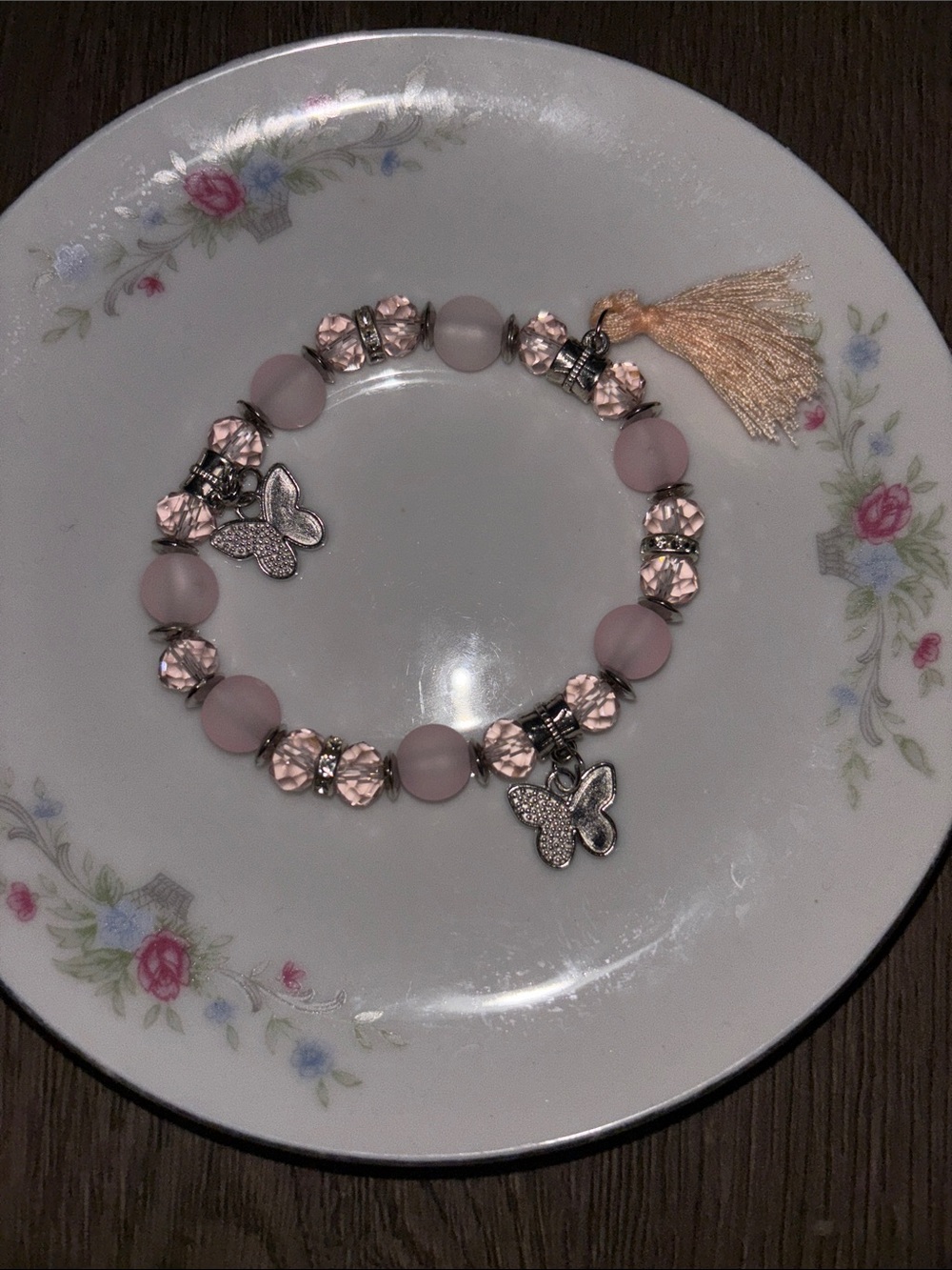 Pink Frosted & Acrylic Beaded Bracelet with Butterfly Charms